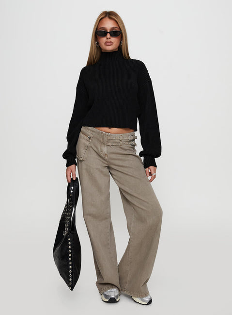 front view of model wearing Princess Polly Sayge Mock Neck Knit Sweater Black cropped Jumpers 