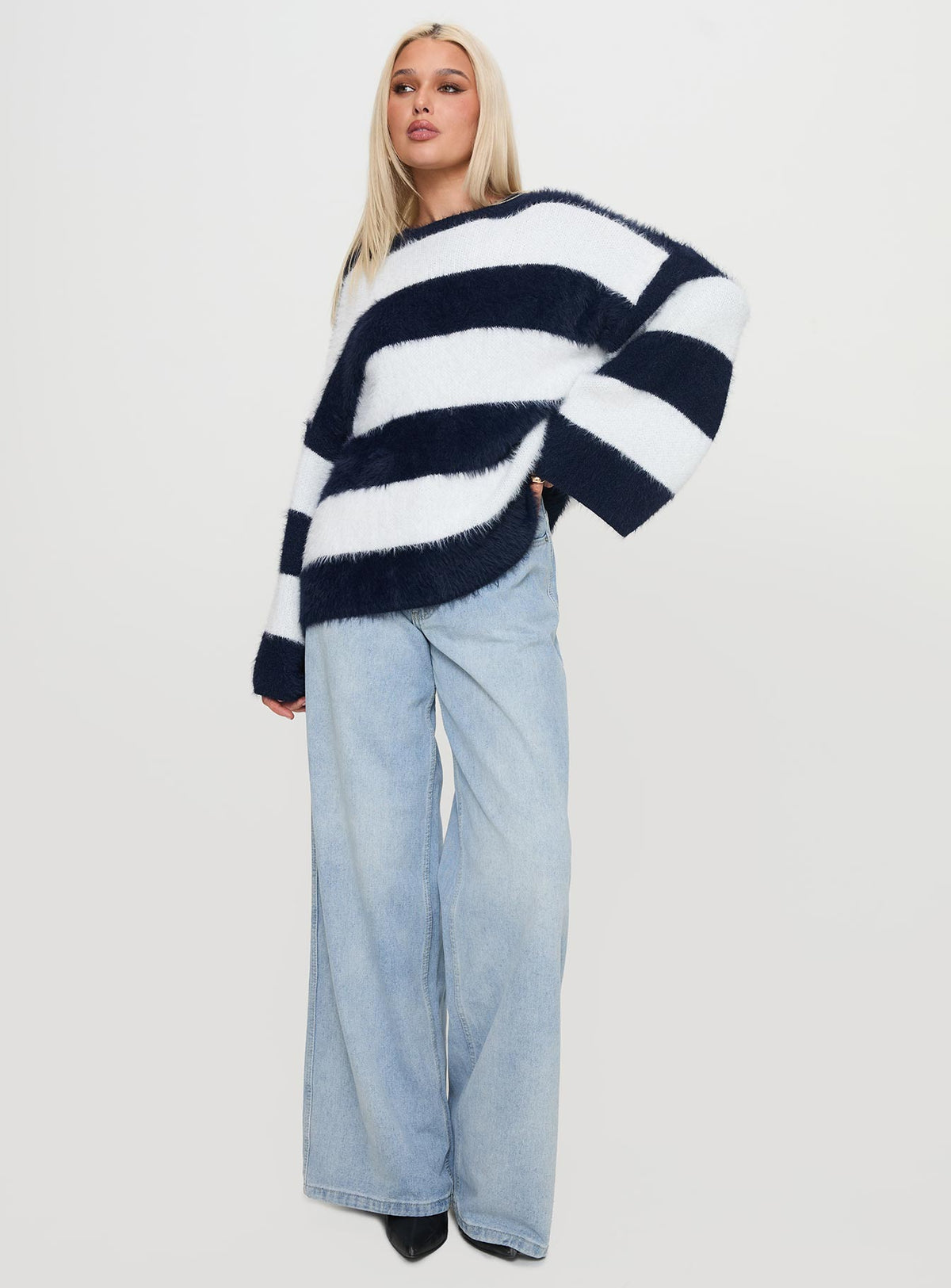 front view of model wearing Princess Polly Nerina Knit Sweater Blue / White Stripe Longline Jumpers Jumpers 