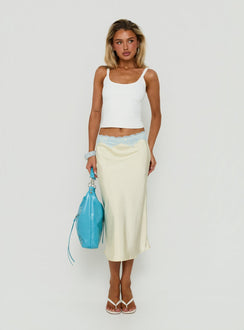 Showcasing the Jacilyn Lace Trim Midi Skirt Butter Yellow / Blue womens-skirts in midi length detail view of model wearing Princess Polly