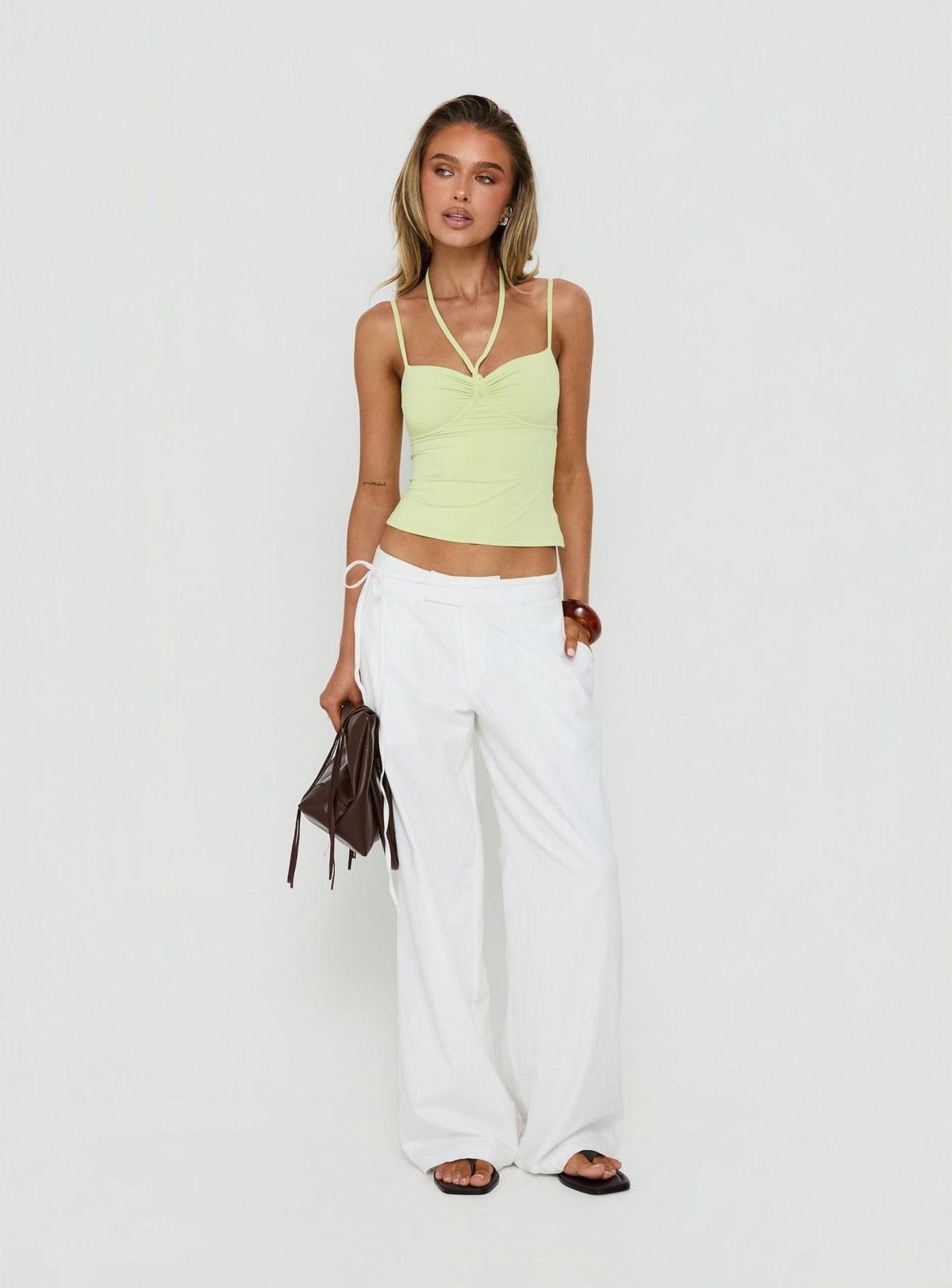 Shop Mylana Straight Leg Tie Pants White womens-regular-pants with mid-rise front view of model wearing Princess Polly