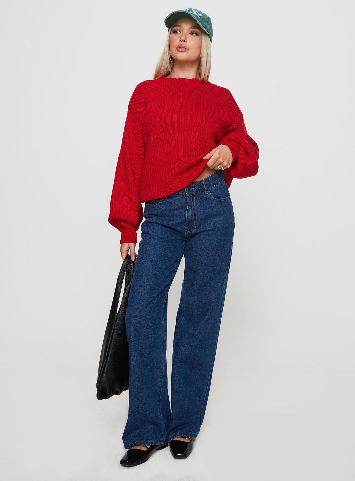 front view of model wearing Princess Polly Harmony Balloon Sleeve Knit Sweater Red Jumpers 
