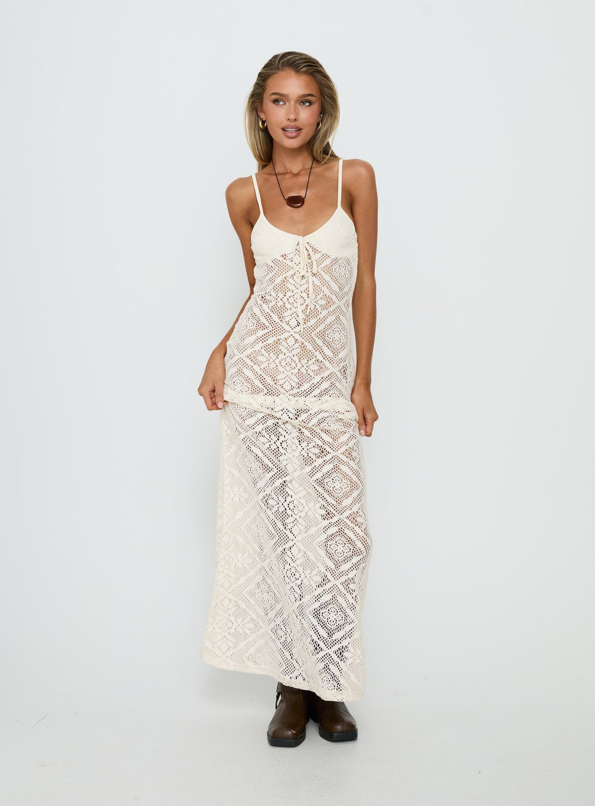 Eminent Crochet Low Back Maxi Dress Cream