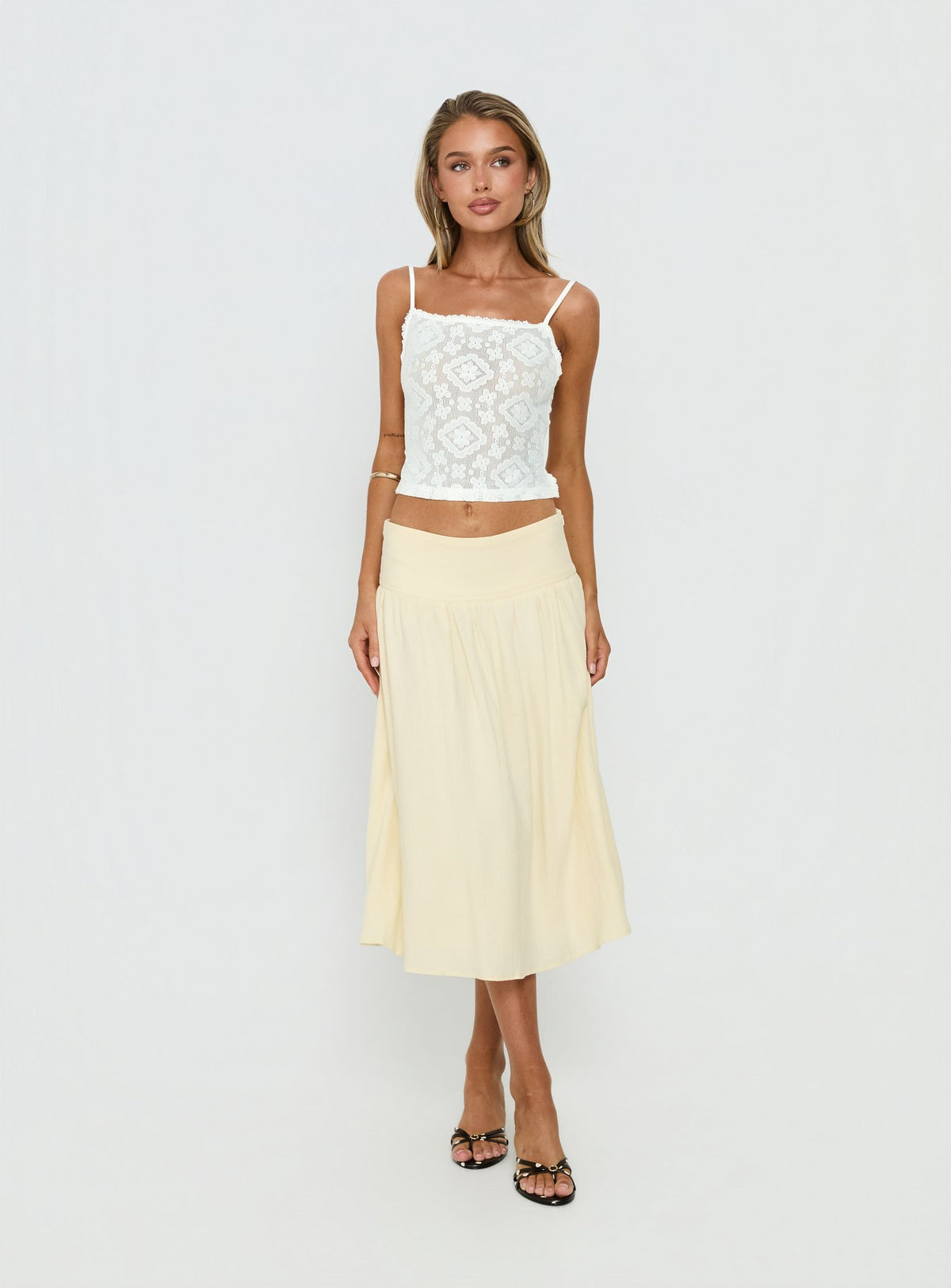   front view of model wearing Princess Polly Heart Of Gold Linen Blend Midi Skirt Lemon Midi Skirts Skirts 