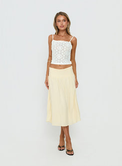   front view of model wearing Princess Polly Heart Of Gold Linen Blend Midi Skirt Lemon Midi Skirts Skirts 