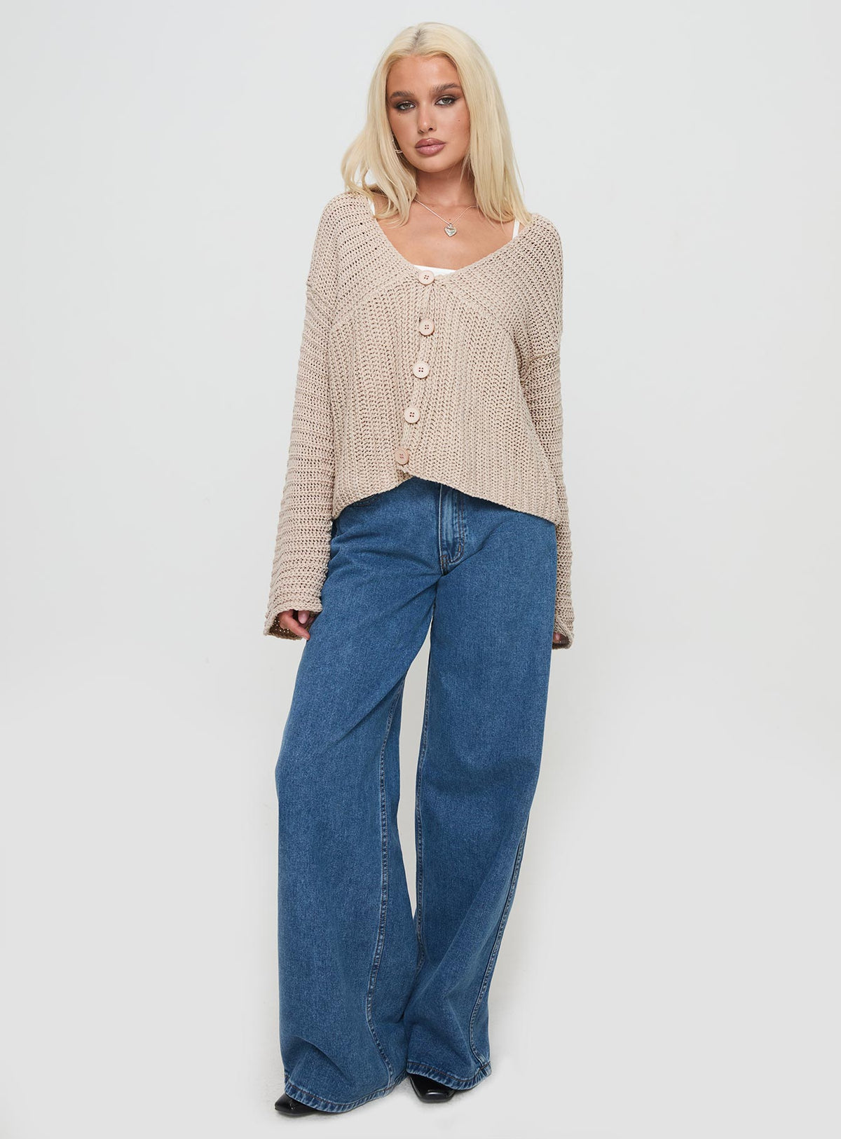 back view of model wearing Princess Polly Maela Knit Cardigan Mocha Cropped Jumpers Jumpers 