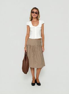 Designed with the Kasida Tie Detail Midi Skirt Brown Check in womens-skirts with midi length side view of model wearing Princess Polly