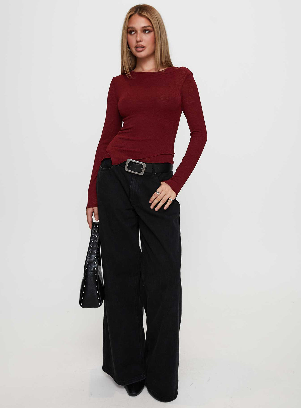 front view of model wearing Princess Polly Lefort Long Sleeve Top Burgundy Full Sleeves Crew Neck 