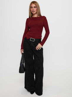 front view of model wearing Princess Polly Lefort Long Sleeve Top Burgundy Full Sleeves Crew Neck 