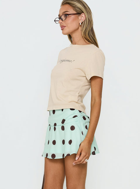   side view of model wearing Princess Polly Elicia Ruched Mini Skirt Mint / Chocolate Polka Dot Mini Skirts Skirts 
