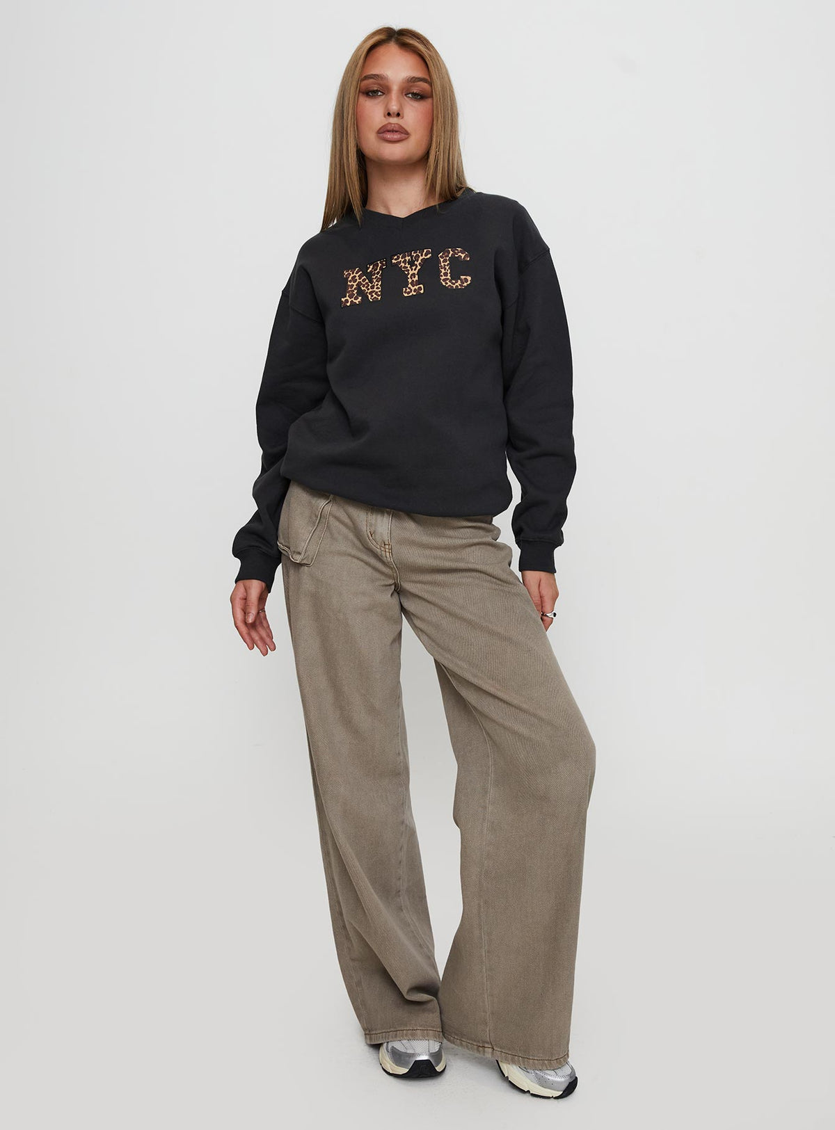 side view of model wearing Princess Polly Wild In NYC Sweater Black Jumpers 