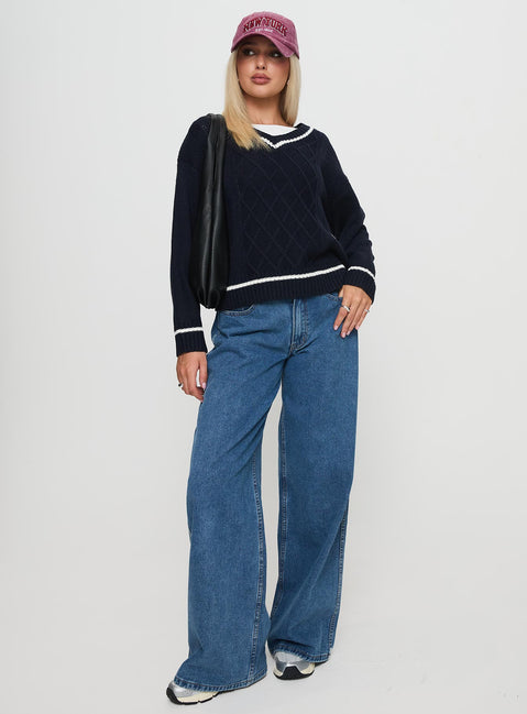 front view of model wearing Princess Polly Covina V Neck Knit Sweater Navy Jumpers 