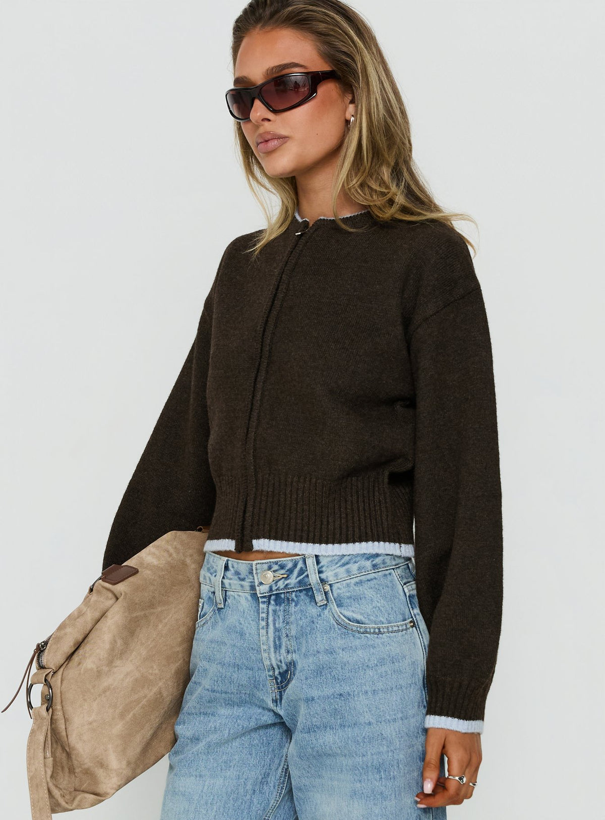 Amandi Zip Through Knit Sweater Chocolate / Blue
