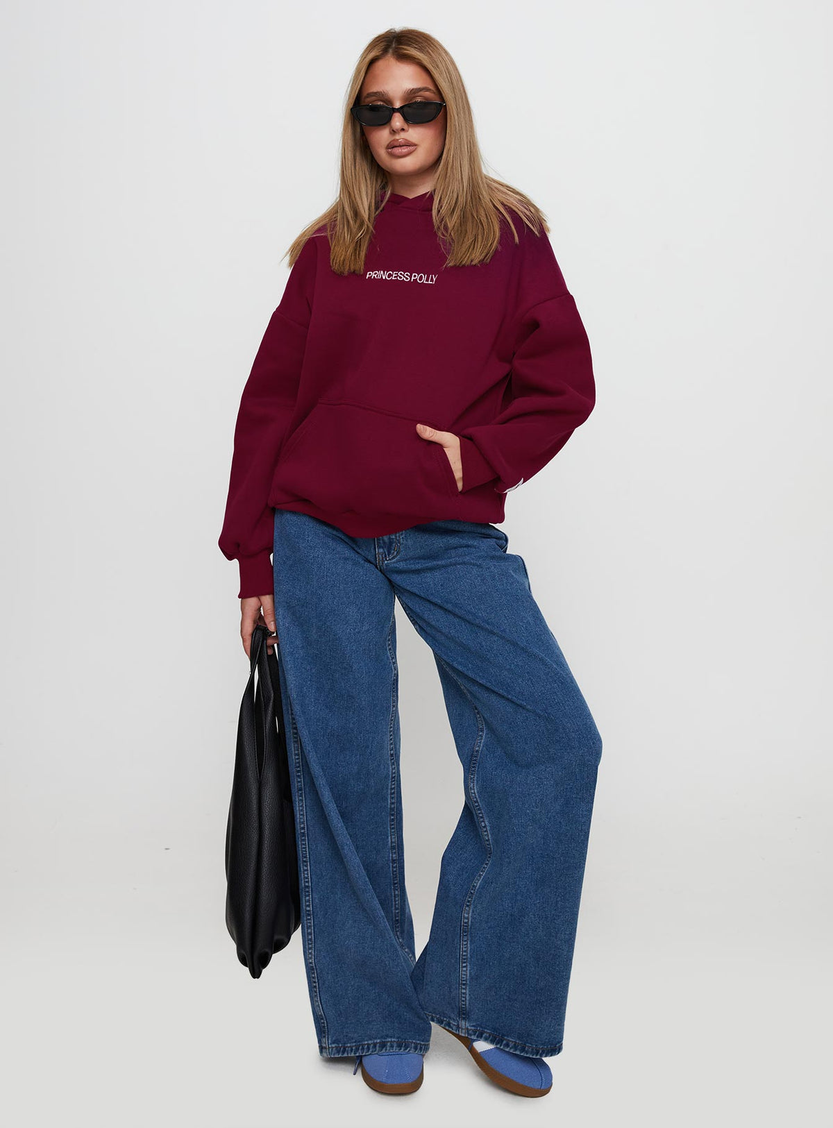 front view of model wearing Princess Polly Princess Polly x Butterfly Foundation Charity Merch Hoody Wine Longline Jumpers Jumpers 