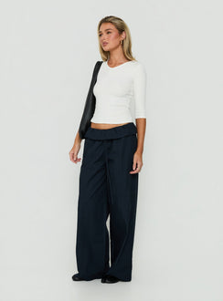 Crafted with the Amaiza Frill Drawstring Straight Leg Pants Navy in womens-regular-pants with high-rise side view of model wearing Princess Polly