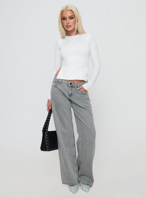 front view of model wearing Princess Polly Ellanor Low Rise Straight Leg Jeans Washed Grey Petite Low Rise Jeans Jeans 