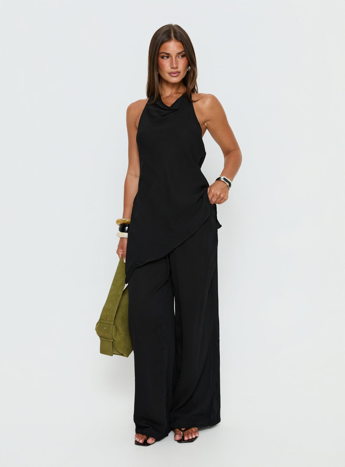 front view of model wearing Princess Polly Emorisa Mid Rise Chiffon Pant Black Mid Rise Pants Pants 
