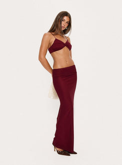   side view of model wearing Princess Polly Delores Ruched Maxi Skirt Red Maxi Skirts Skirts 