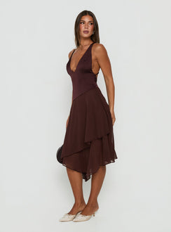 Emeliah Asymmetrical Plunge Midi Dress Brown