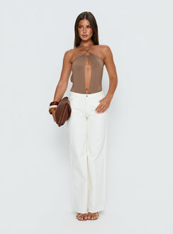 side view of model wearing Princess Polly Damiana Cut Out Bodysuit Brown Sleeveless Bodysuit 