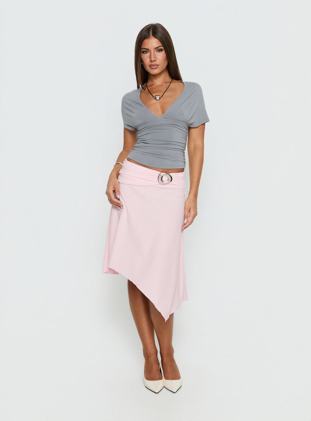   front view of model wearing Princess Polly Ismora Asymmetrical Midi Skirt Pink Skirts 