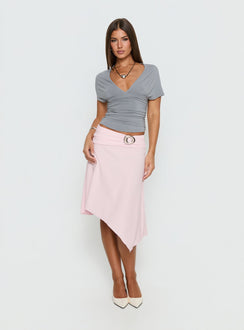   front view of model wearing Princess Polly Ismora Asymmetrical Midi Skirt Pink Skirts 