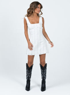 front view of model wearing Princess Polly Dasha Mini Dress White Lower Impact Square Neck 