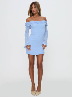 front view of model wearing Princess Polly Stellaire Long Sleeve Mini Dress Blue Straight Neck 