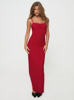 front view of model wearing Princess Polly Apolline Maxi Dress Red Square Neck 