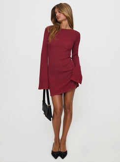 front view of model wearing Princess Polly Rhapsody Long Sleeve Knit Mini Dress Red Crew Neck 
