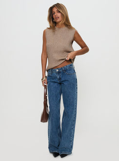 front view of model wearing Princess Polly Jessabell Rib Sleeveless Top Mocha Longline Jumpers Jumpers 