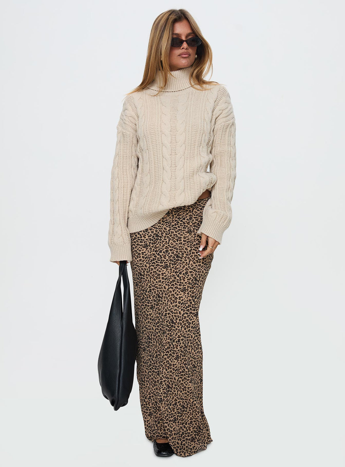 side view of model wearing Princess Polly Bryden Turtleneck Cable Knit Sweater Beige Longline Jumpers Jumpers 