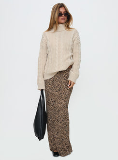 side view of model wearing Princess Polly Bryden Turtleneck Cable Knit Sweater Beige Longline Jumpers Jumpers 
