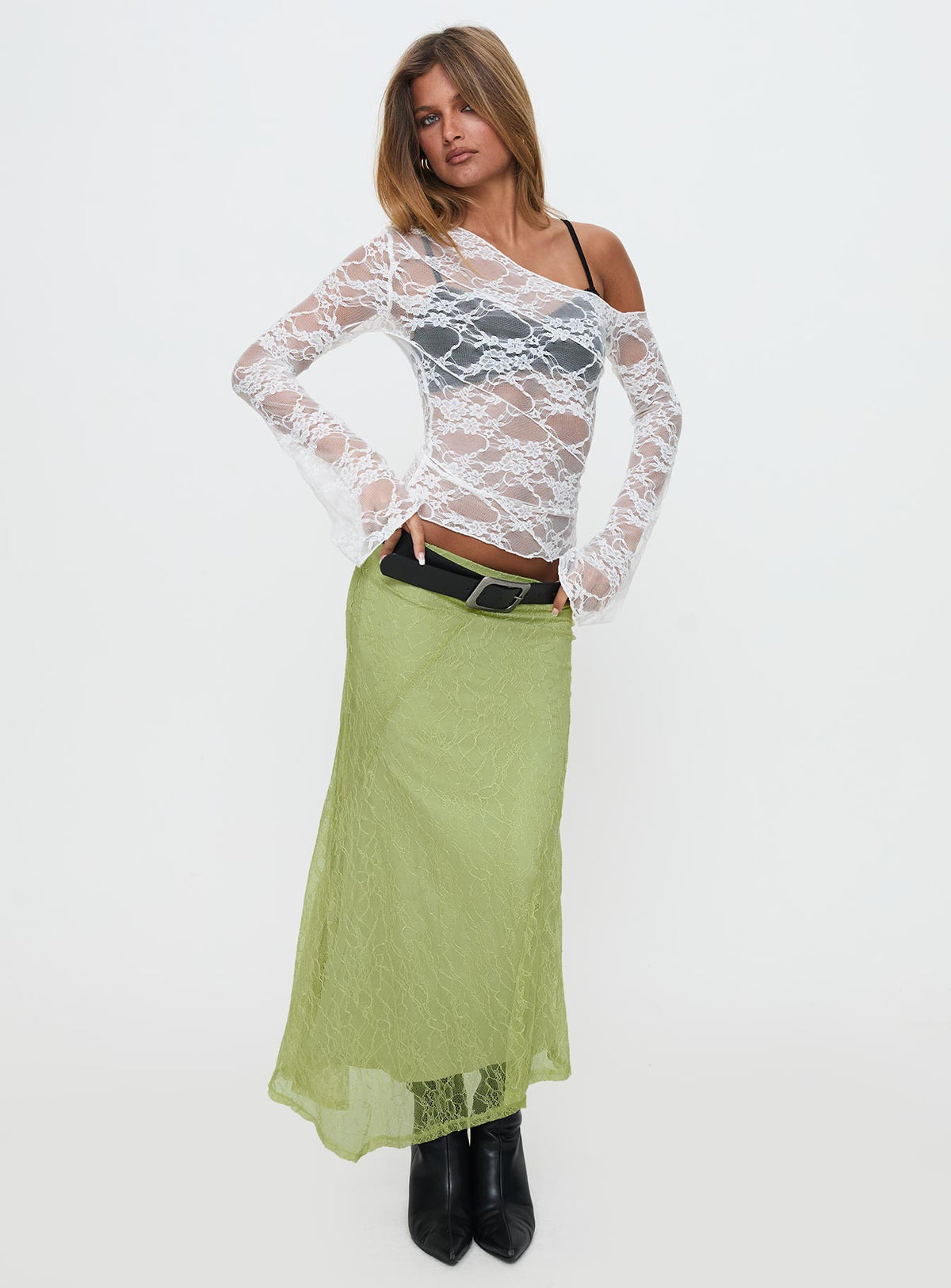   front view of model wearing Princess Polly Dreamcatcher Lace Maxi Skirt Green Maxi Skirts Skirts 