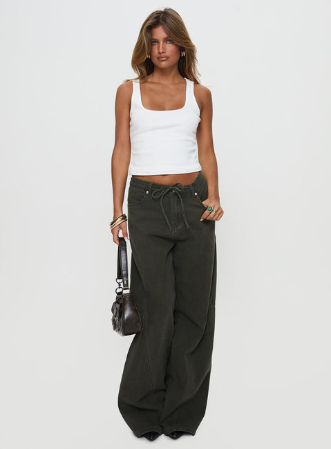 front view of model wearing Princess Polly Bruiser Tie Waist Mid Rise Wide Leg Jeans Green High Rise Jeans Jeans 