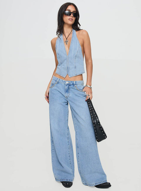 front view of model wearing Princess Polly Pearlisle Low Rise Baggy Jeans Light Wash Low Rise Jeans Jeans 