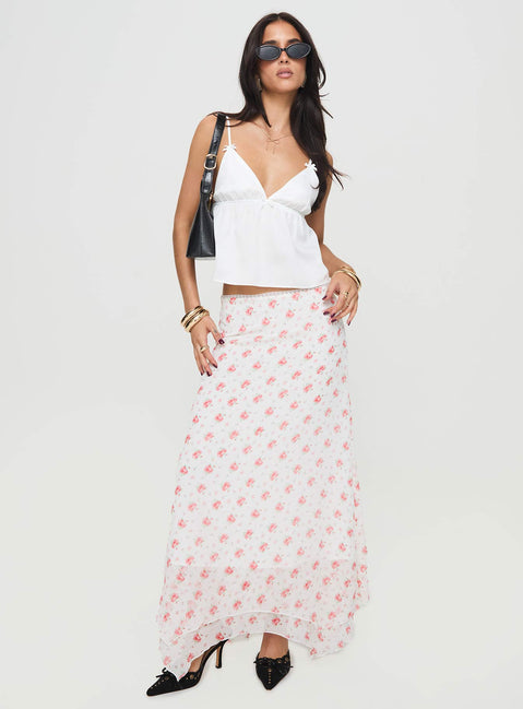   front view of model wearing Princess Polly Dancing In A Field Maxi Skirt Pink Floral Maxi Skirts Skirts 
