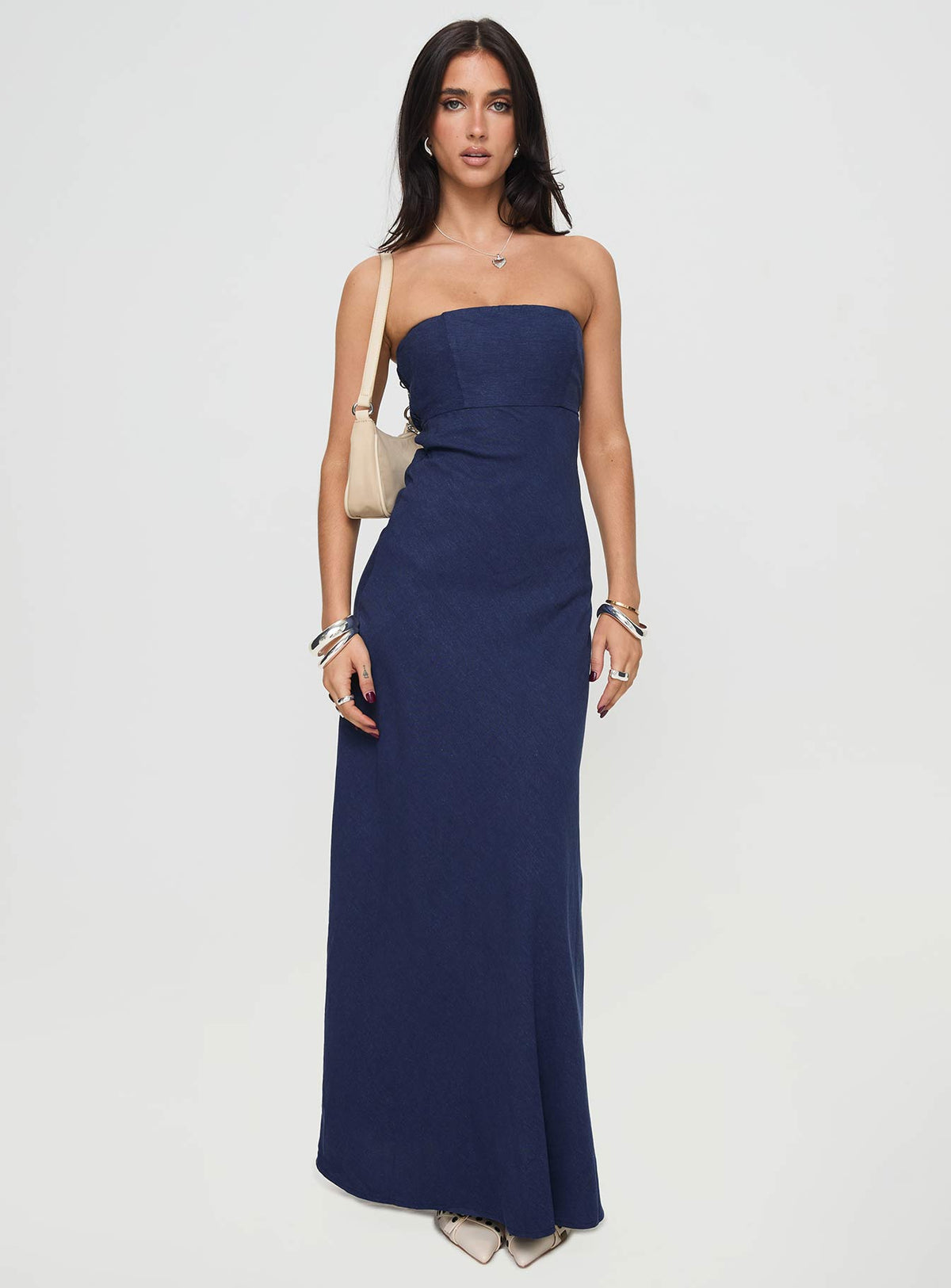 front view of model wearing Princess Polly Yahir Strapless Maxi Dress Navy Straight Neck 
