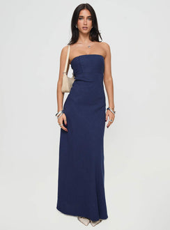 front view of model wearing Princess Polly Yahir Strapless Maxi Dress Navy Straight Neck 