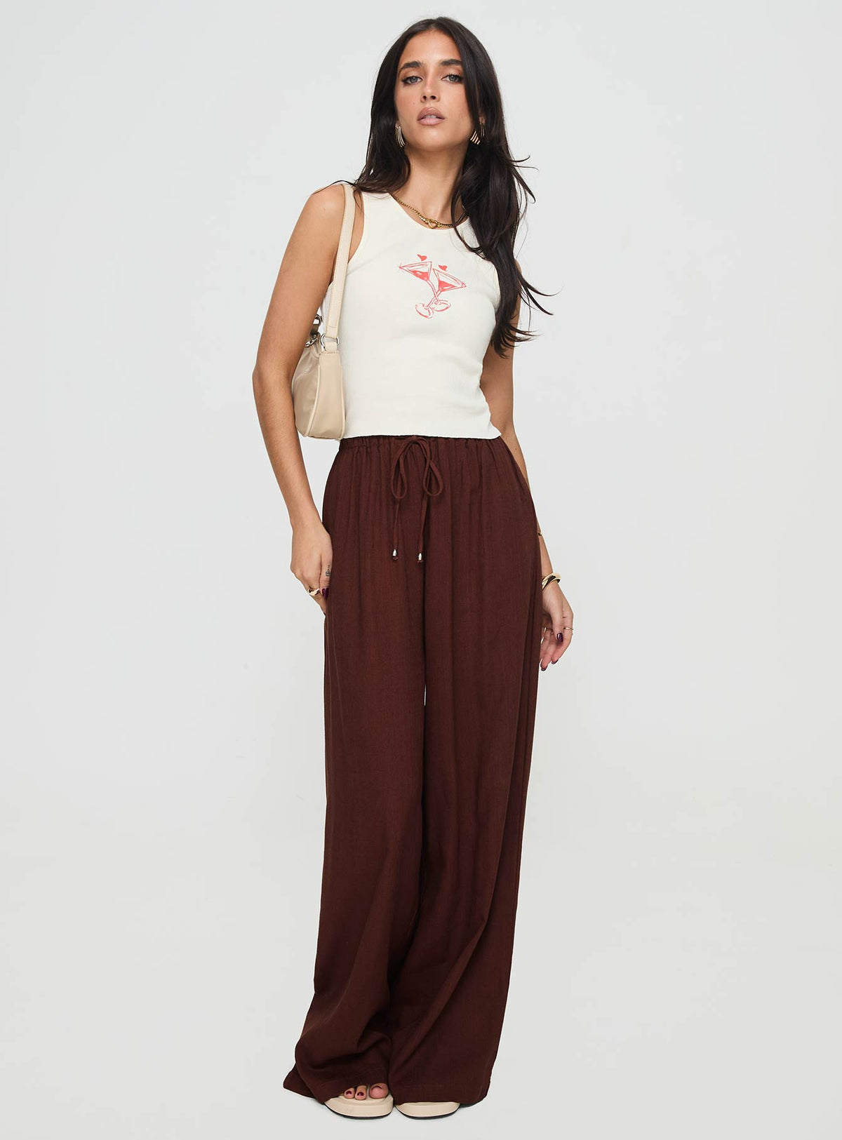 front view of model wearing Princess Polly Ogilvie Linen Blend Pants Chocolate High Rise Pants Pants 