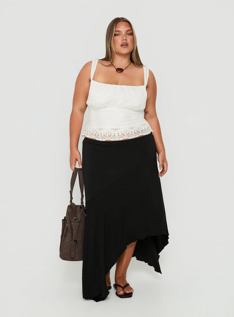 Showcasing the Futura Asymmetrical Midi Skirt Black Curve in womens-skirts with midi length Princess Polly