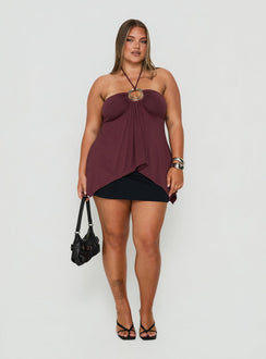 Betsey Ring Detail Tie Neck Top Burgundy Curve