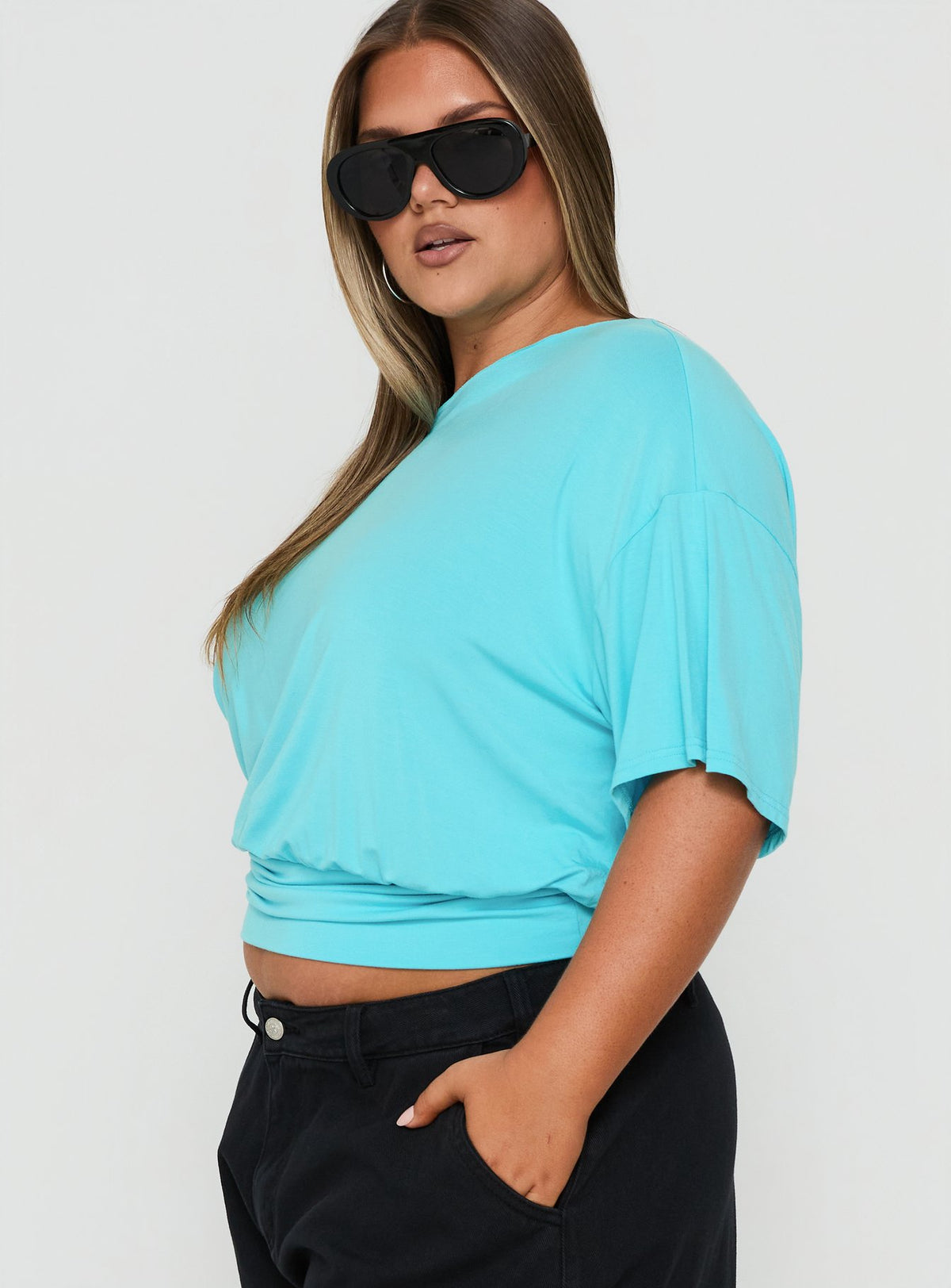 Ashlinn Off Shoulder Drapey Top Turquoise Curve