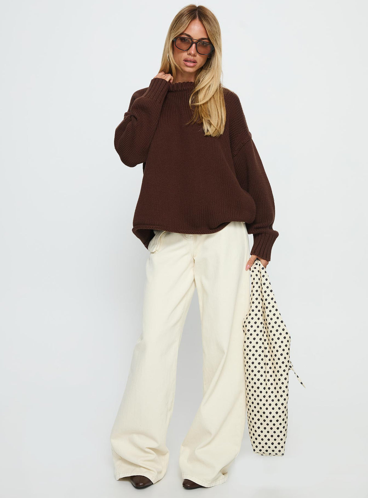 side view of model wearing Princess Polly Wilda Crew Neck Knit Sweater Brown Longline Jumpers 