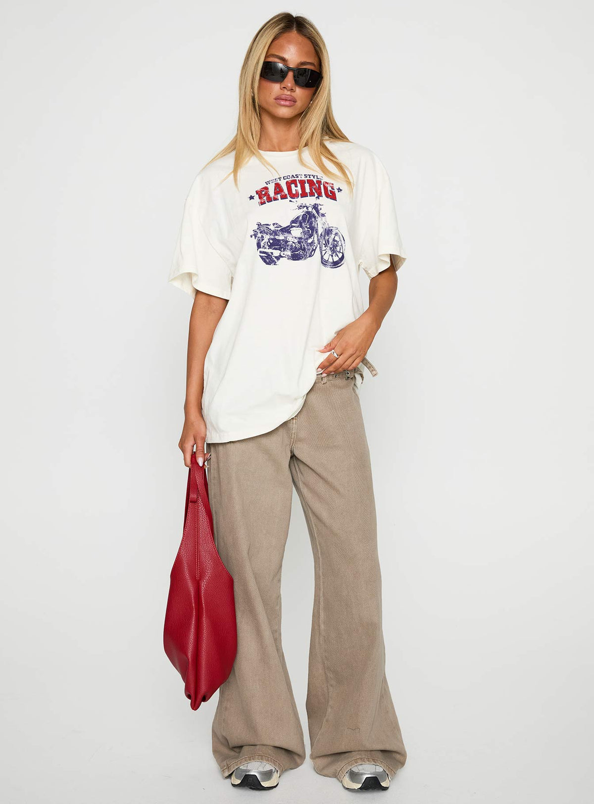 front view of model wearing Princess Polly West Coast Style Oversized Top White Half Sleeves Crew Neck 