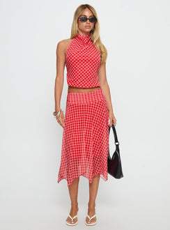 back view of model wearing Princess Polly Scenic Route Asymmetrical Midi Skirt Red Check Midi Skirts Skirts 