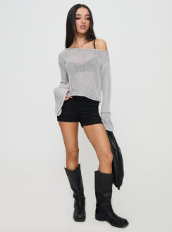side view of model wearing Princess Polly Cafe Pari Sweater Grey Cropped Jumpers Jumpers 