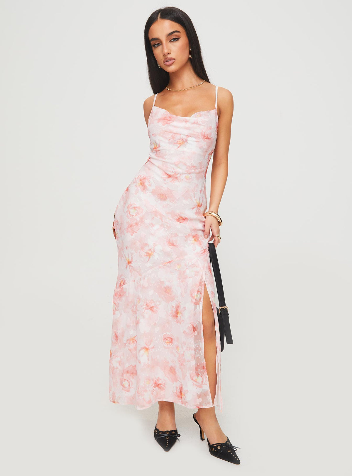 back view of model wearing Princess Polly Mafalde Maxi Dress Pink Cowl Neck 