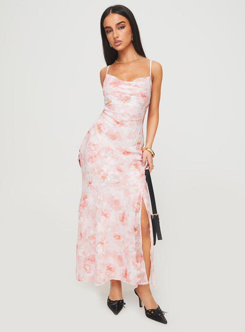 back view of model wearing Princess Polly Mafalde Maxi Dress Pink Cowl Neck 