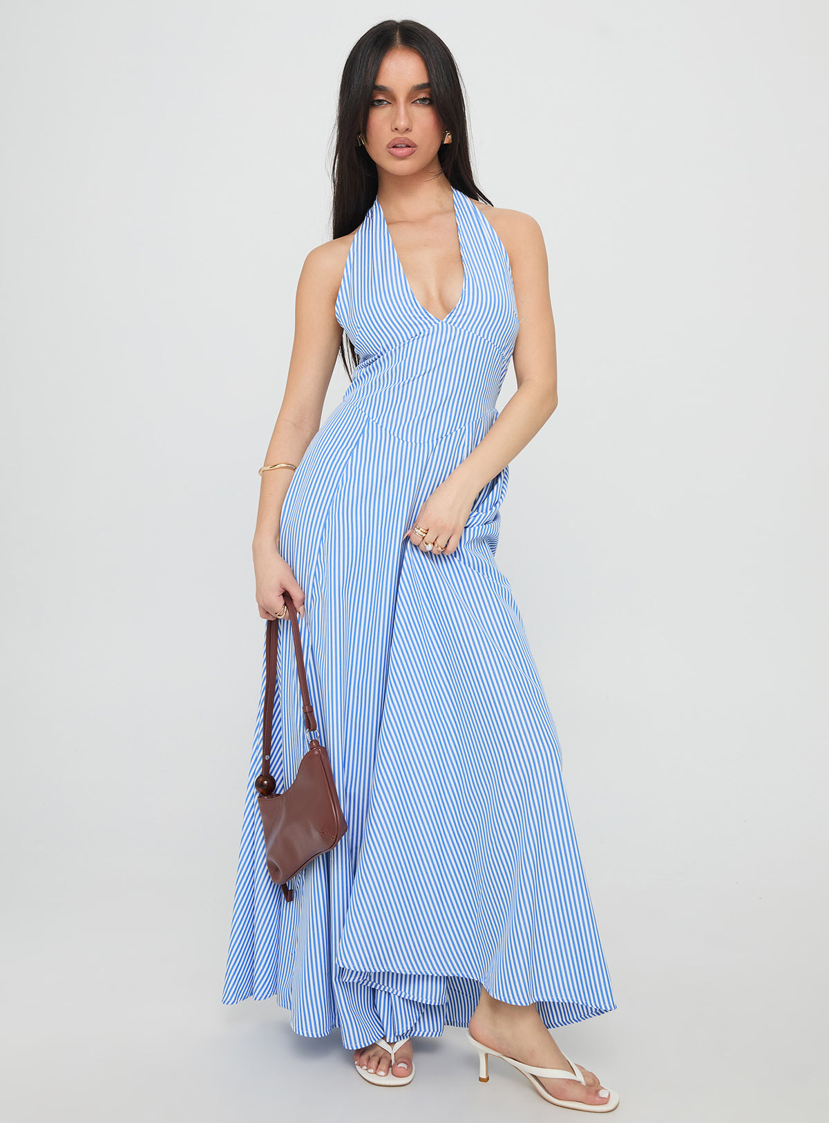 Ivie Halter Plunge Maxi Dress Blue Stripe