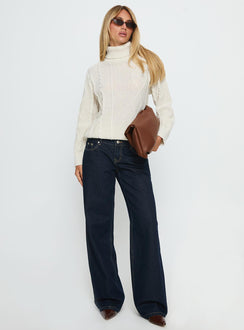 front view of model wearing Princess Polly Tarynne Cable Knit Turtle Neck Sweater Beige Longline Jumpers Jumpers 
